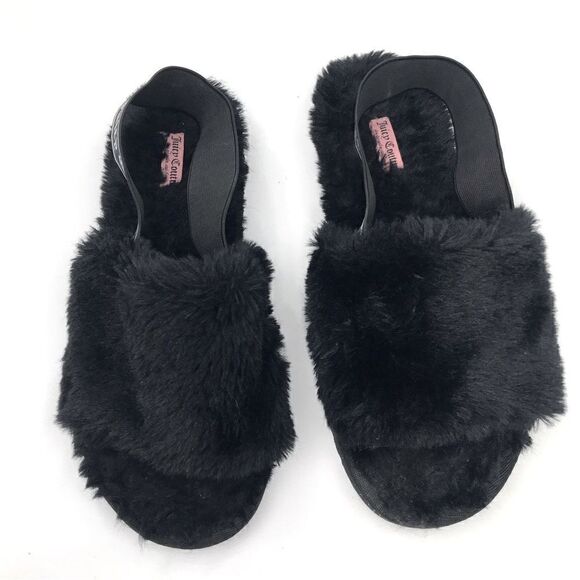 Juicy Couture Black Fuzzy Faux Fur Peep Toe Signature Slippers - Picture 5 of 10
